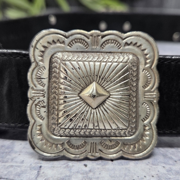 Vintage Brighton 1992 Western Black Concho Leather Belt Silver Buckle Medallions main image 9